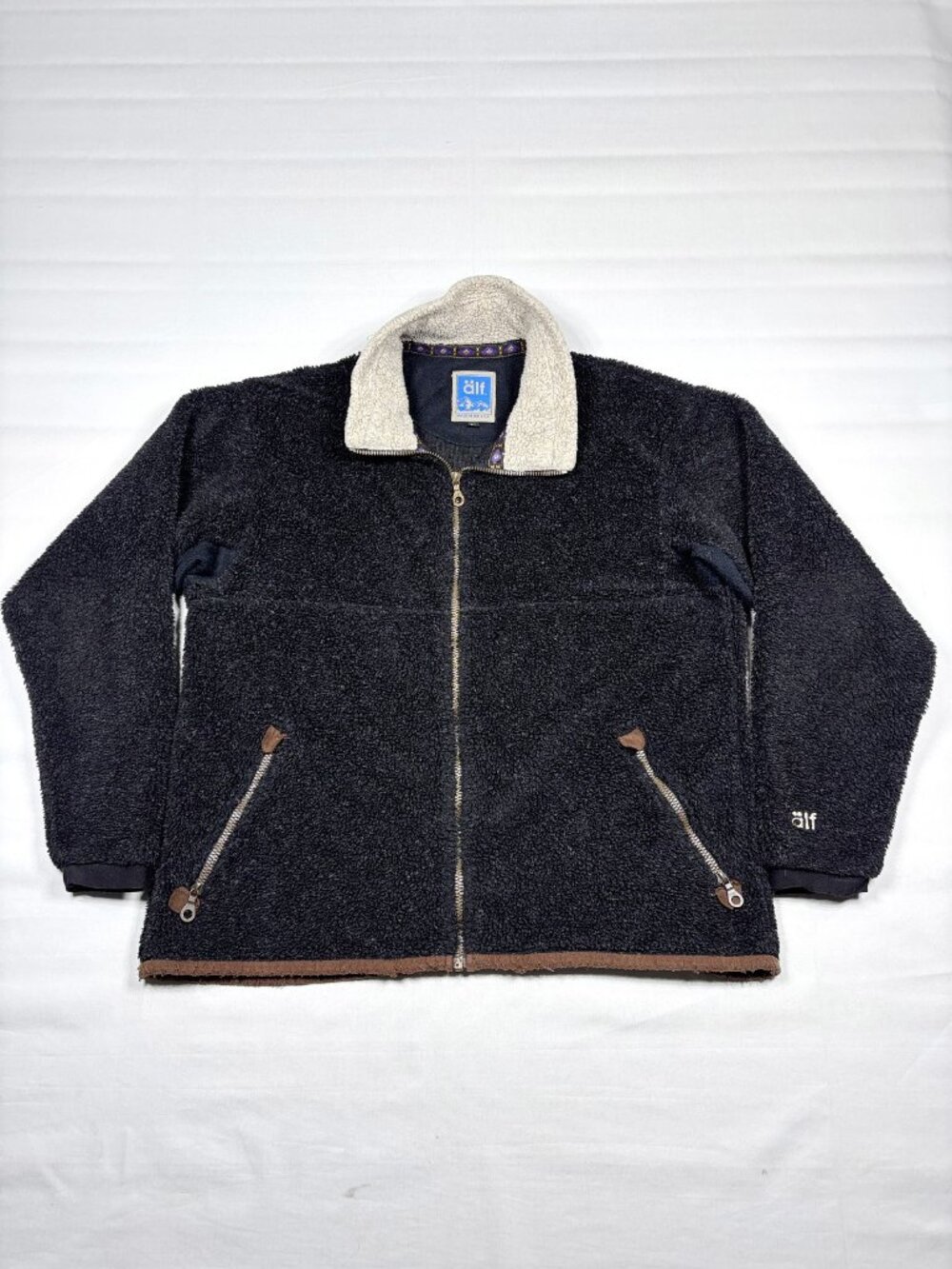 VTG 90s Alf Kuhl Made in USA Deep Pile Fleece Jacket XL Black Sherpa Aztec Trim